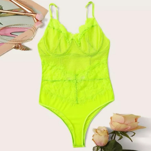 Neon Yellow Mesh Lace Bodysuit - Picture 4 of 4
